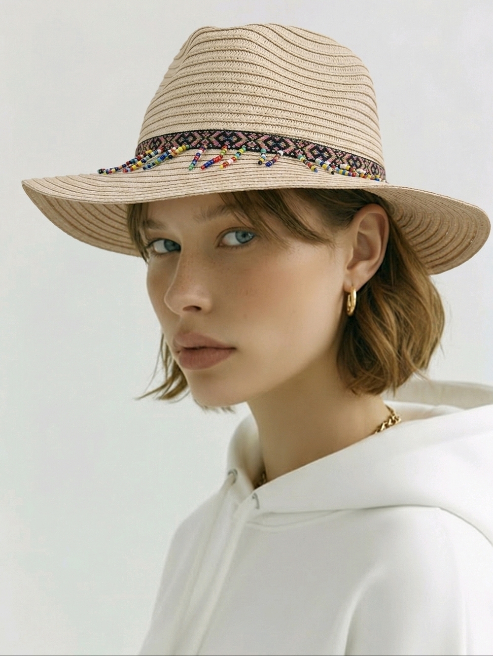 Free Press Fedora Style Straw Hat w Bead Design Packable Adjustable